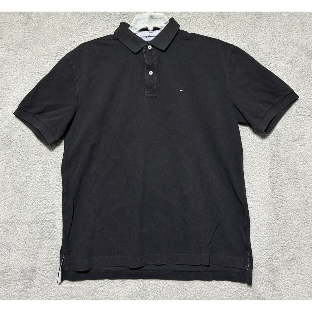 Tommy Hilfiger Shirt Mens Size‎ XL Black Short Sleeve Polo Smooth Y2K